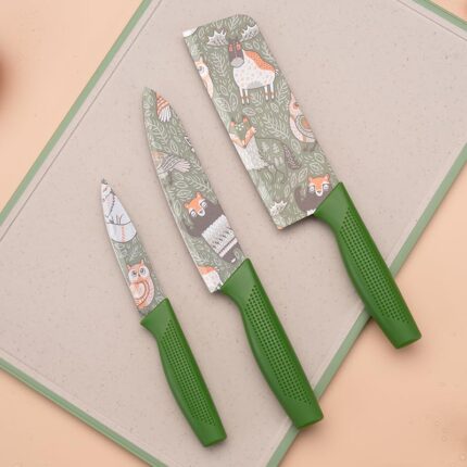 Knife Set for Kitchen ^ Professional 3 Pieces High Carbon Stainless Steel Colour Printed Coated Chef Knife I Utility Knife I Sontuku Knife I Kitchen Knives with Ergonomic Handle (Green)